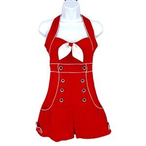 Voodoo Vixen Red Nautical Sleeveless Playsuit Bow Button Accents Size Small